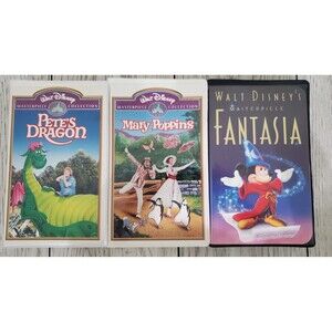 Disney Mary Poppins, Pete's Dragon & Fantasia VHS Tapes Lot of 3 w/Clamshells